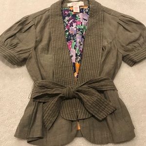 Cropped Tie Waist Blazer w/ Puff Shoulders